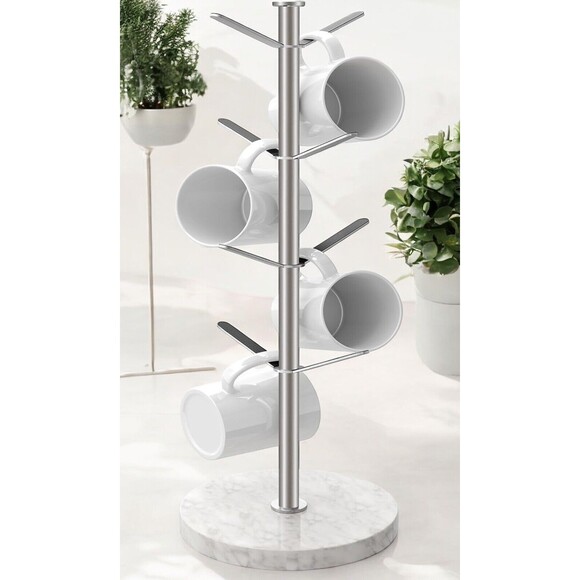 Mug Holder Tree with White Marble Base, 8 Silver Hooks And Stand 18 Inch - Picture 4 of 7